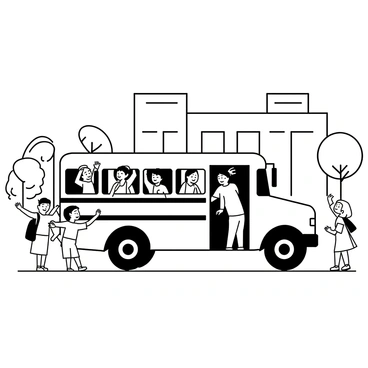 A small school bus is parked in front of a school building, showcasing its distinct shape and design. The bus has open doors, revealing excited children starting to board. The children, dressed in colorful clothing, are smiling and chatting with each other as they gather around the bus. Some are waving their arms in excitement, while others are holding backpacks. The school building in the background features large windows and a playground. Trees frame the scene, contributing to the overall atmosphere of a lively school environment.