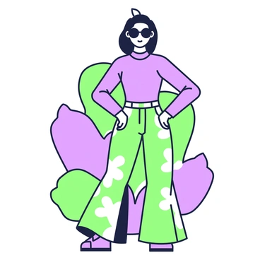 A person is standing confidently in a retro 70s inspired outfit. They are wearing bell-bottom pants that flare out dramatically at the knees. The pants feature vibrant, colorful patterns, creating a bold visual impact. The person has a fitted top that complements the bell-bottoms, with long sleeves and a round neckline. They are accessorized with large, round sunglasses resting on their nose. The backdrop consists of interesting geometric shapes that enhance the overall retro theme.