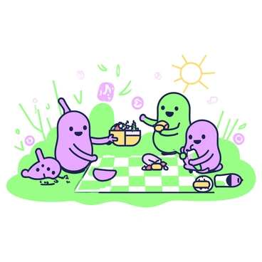 A group of bacteria characters is having a picnic on a grassy microbial area. The bacteria are anthropomorphized with cheerful faces and limbs. Some are sitting on a green checkered blanket that is spread across the ground. One character is holding a small sandwich, while another is pouring a drink from a tiny bottle. Nearby, a colorful basket is filled with fruits and snacks. A few bacteria are playing in the grass, while others are lying back and enjoying the sun. The background features small microbial plants and structures, adding depth to the picnic scene.