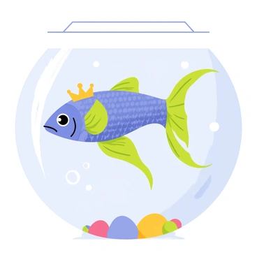 A majestic betta fish with vibrant blue and green scales is swimming gracefully in clear water. The fish has long, flowing fins that trail behind it like delicate silk ribbons. Atop its head, the betta wears a tiny golden crown, glimmering in the light, adding a regal touch to its appearance. Around the fish, soft bubbles rise, and a few colorful pebbles decorate the bottom of the tank, enhancing the enchanting underwater scene.
