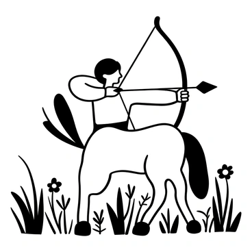A centaur standing in a lush meadow, aiming a bow with focused intent. The centaur has a quiver attached to its back, filled with arrows. Tall grasses and wildflowers surround the centaur, with a few trees in the distance. The bowstring is taut, and the arrow is nocked, ready to be released. The posture of the centaur conveys strength and agility.