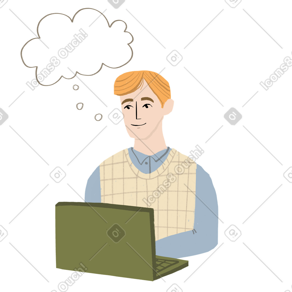 Blond man thinking behind a laptop illustration in Lumiere style download in PNG, SVG