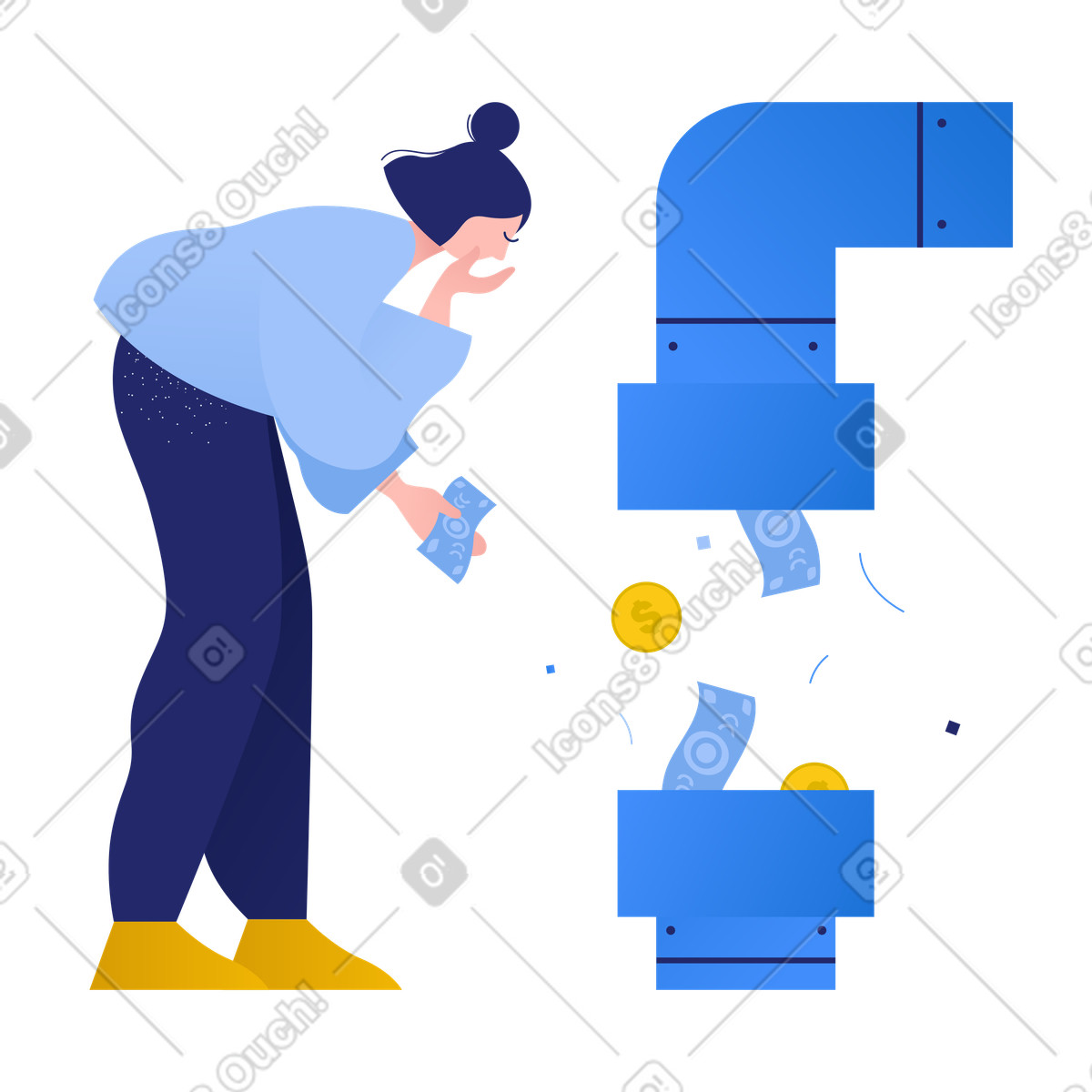 La donna tiene i soldi nelle sue mani ed è sorpresa dal flusso finanziario del tubo illustrazione in stile Clip scarica in PNG, SVG