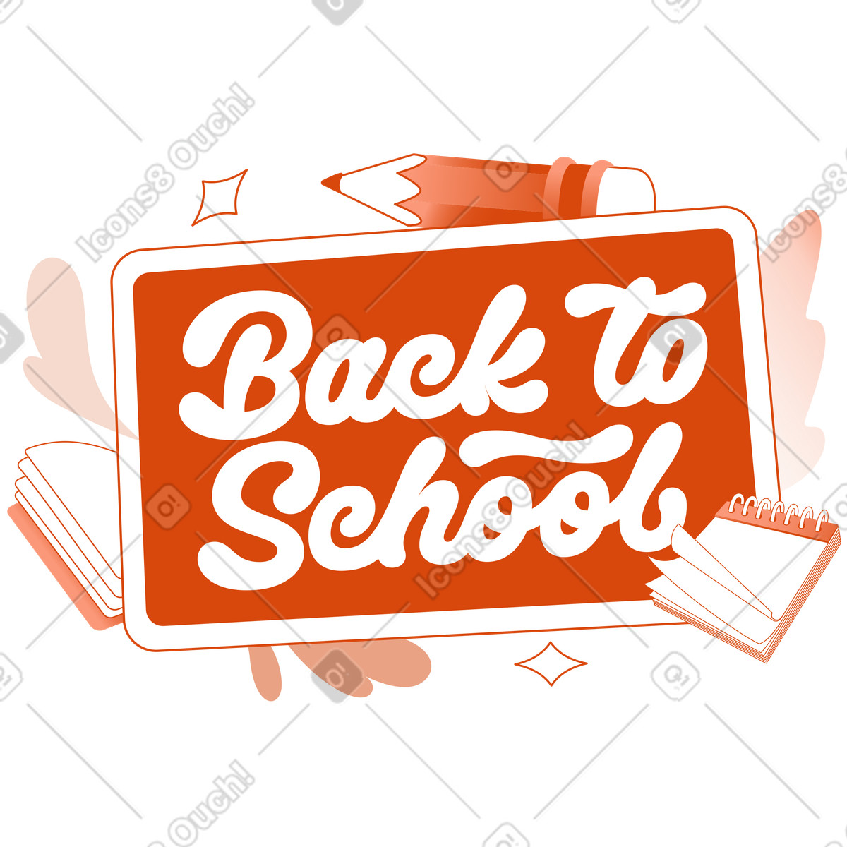 Notepad, pencil, and tablet with Back to school text, Classroom kickoff illustration in Orange style download in PNG, SVG