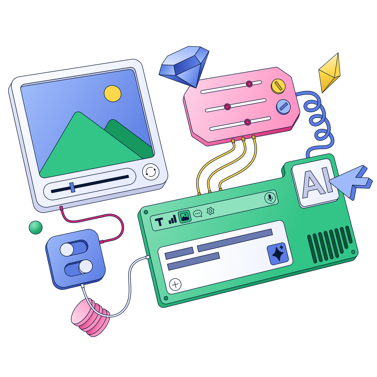 Neat スタイルの Ai content creation dashboard with multimedia editing controls and interface elements のイラストをPNG、SVG形式でダウンロード