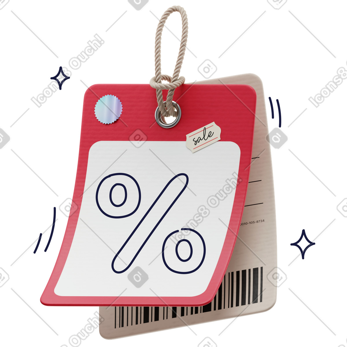 Price tag with percent symbol and barcode, discount marketing shopping deal animated illustration in 3D Surfaced style download in GIF, Lottie (JSON), AE