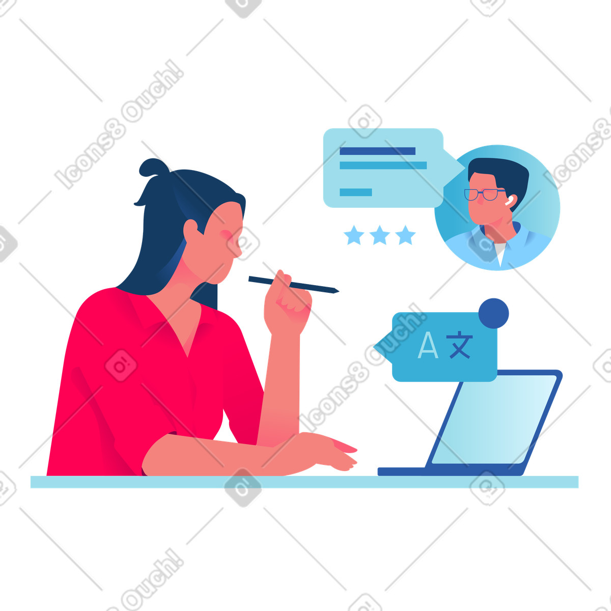 Daily 스타일의 Student at laptop with digital teacher, Online language learning 애니메이션 일러스트레이션 GIF, Lottie(JSON), AE로 다운로드