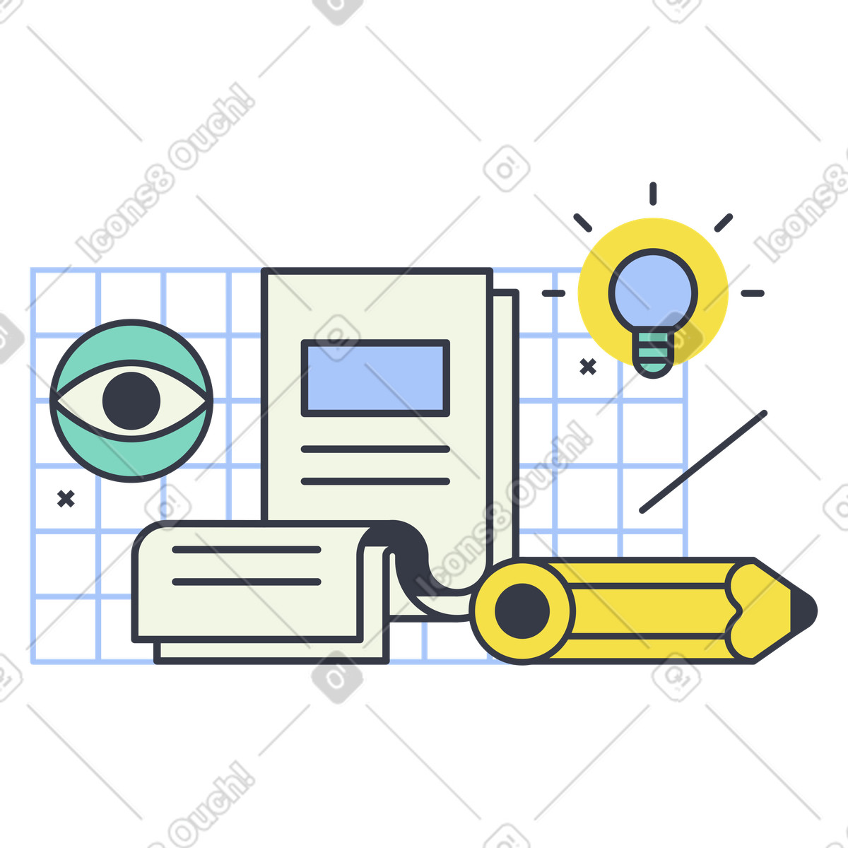 Newspaper article and pencil with light bulb, Creative journalism and idea generation illustration in Abstract style download in PNG, SVG