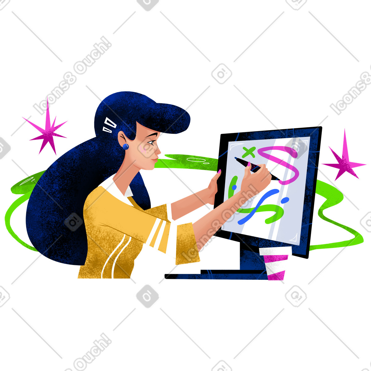 下载 Flare 风格的 在平板电脑上绘图的女人 插画，支持 PNG、SVG 格式