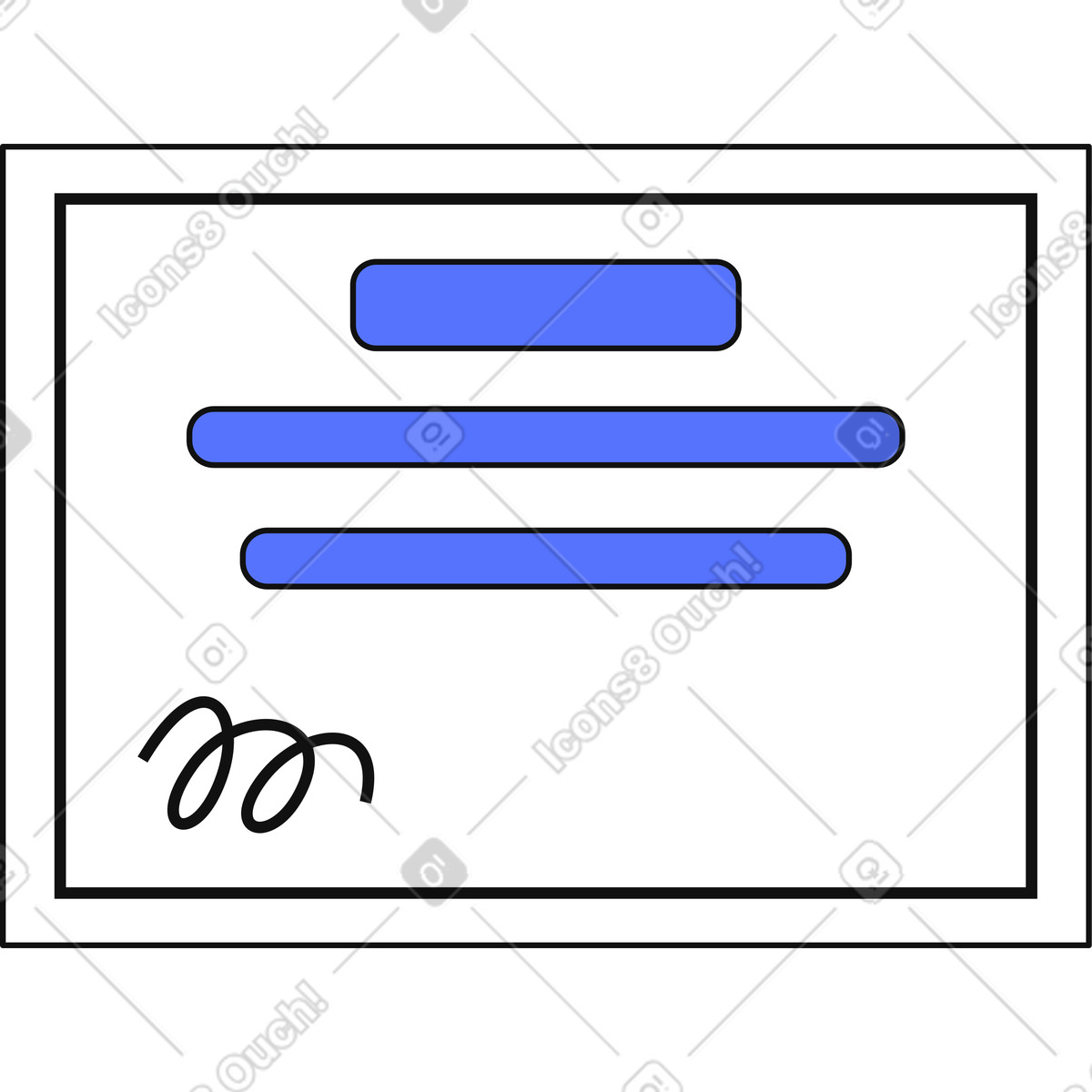 下载 Main 风格的 Certificate template with blue text bars and signature doodle 插画，支持 PNG、SVG 格式