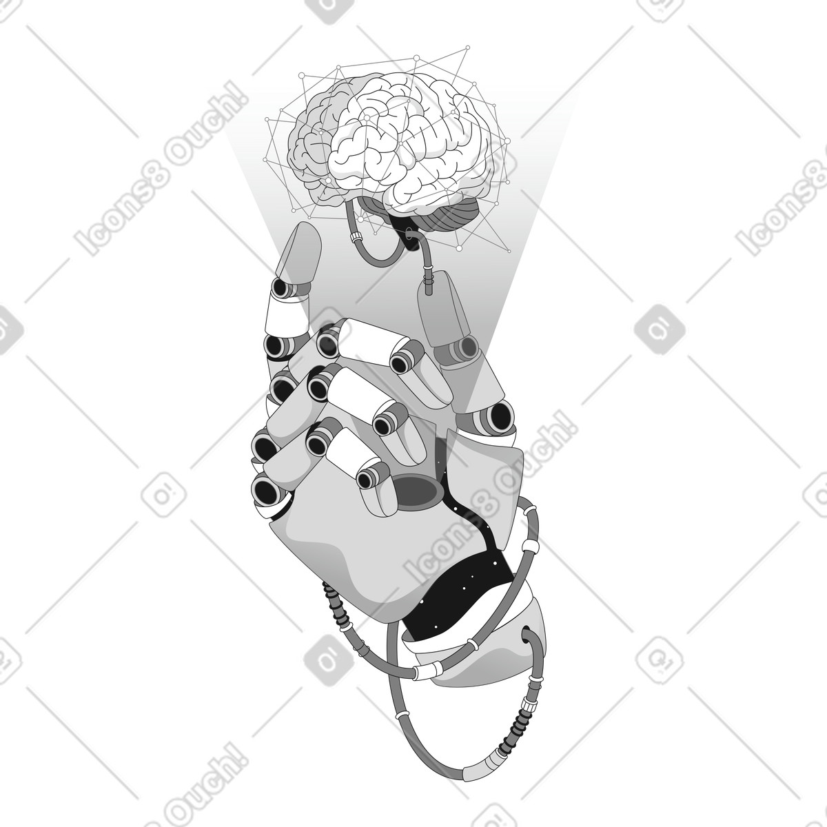 Artificial intelligence brain with neural network and cybernetic robot hand illustration in Futuristic style download in PNG, SVG