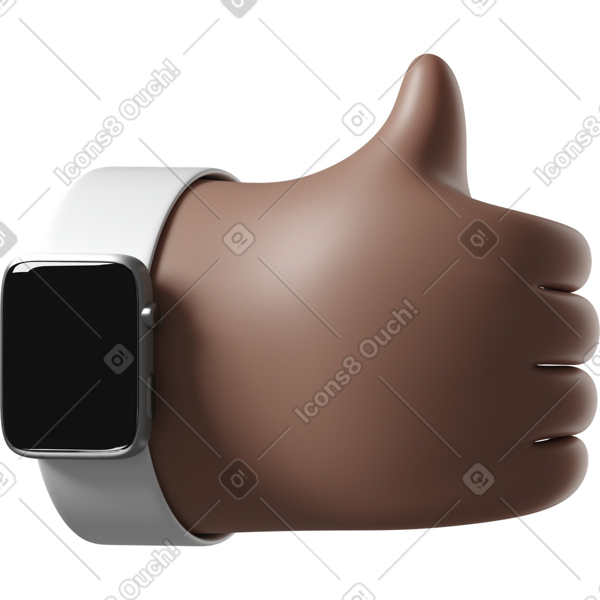 Ilustración Mano de piel marrón con reloj inteligente apagado mostrando los pulgares hacia arriba en estilo 3D Hands Fun&Wild a descargar en PNG y SVG