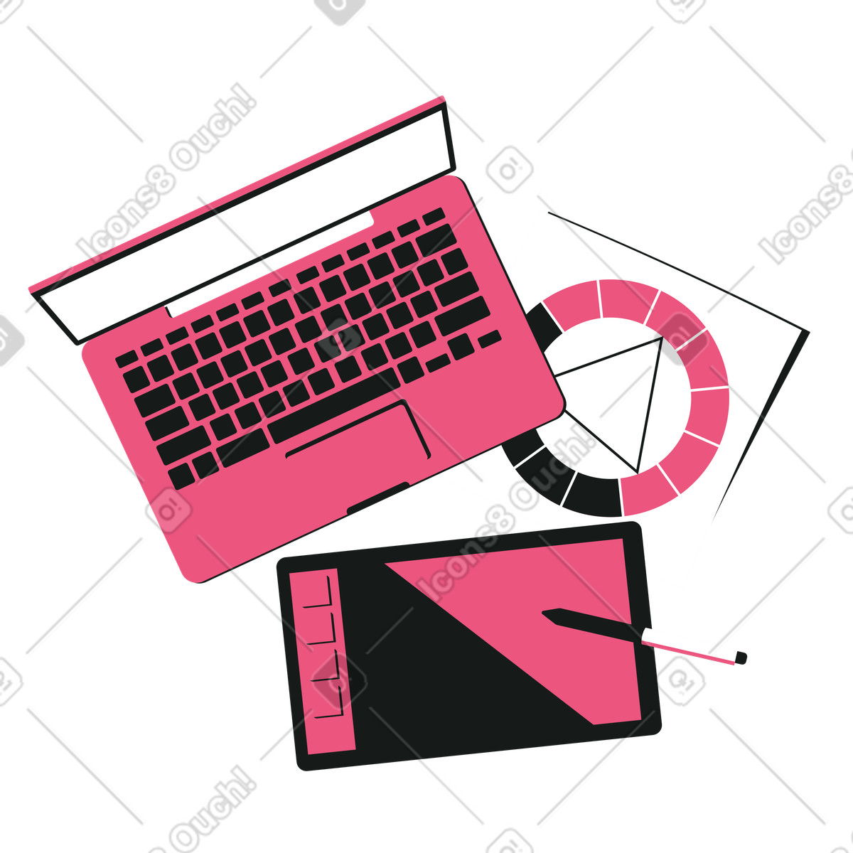Illustration Bureau de designer avec tablette à dessin et ordinateur portable dans le style Lounge télécharger aux formats PNG, SVG