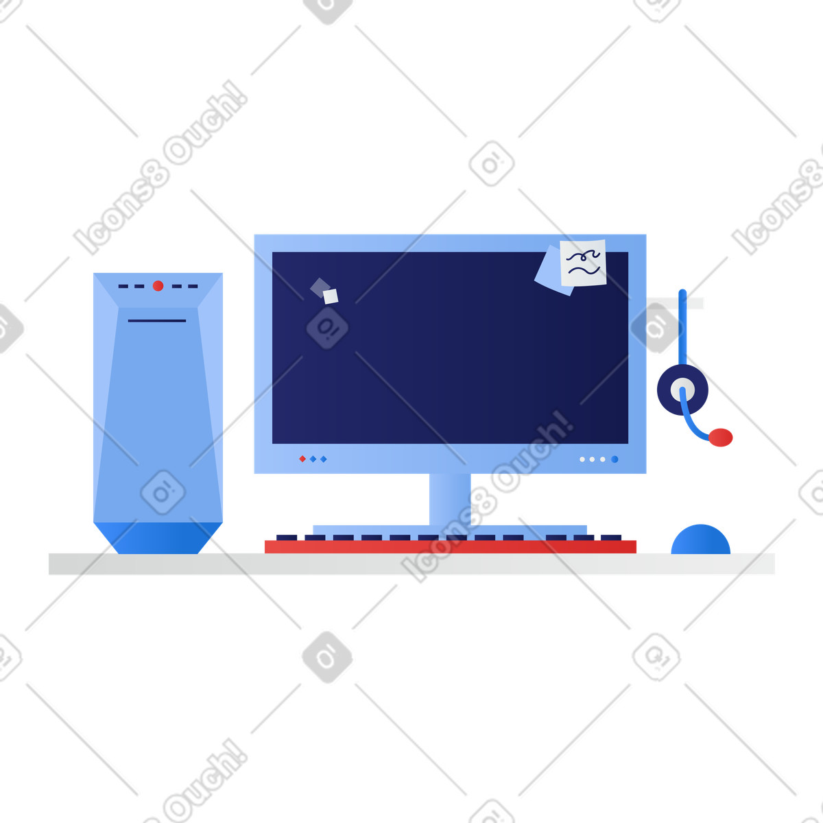 Desktop computer with headset illustration in Clip style download in PNG, SVG