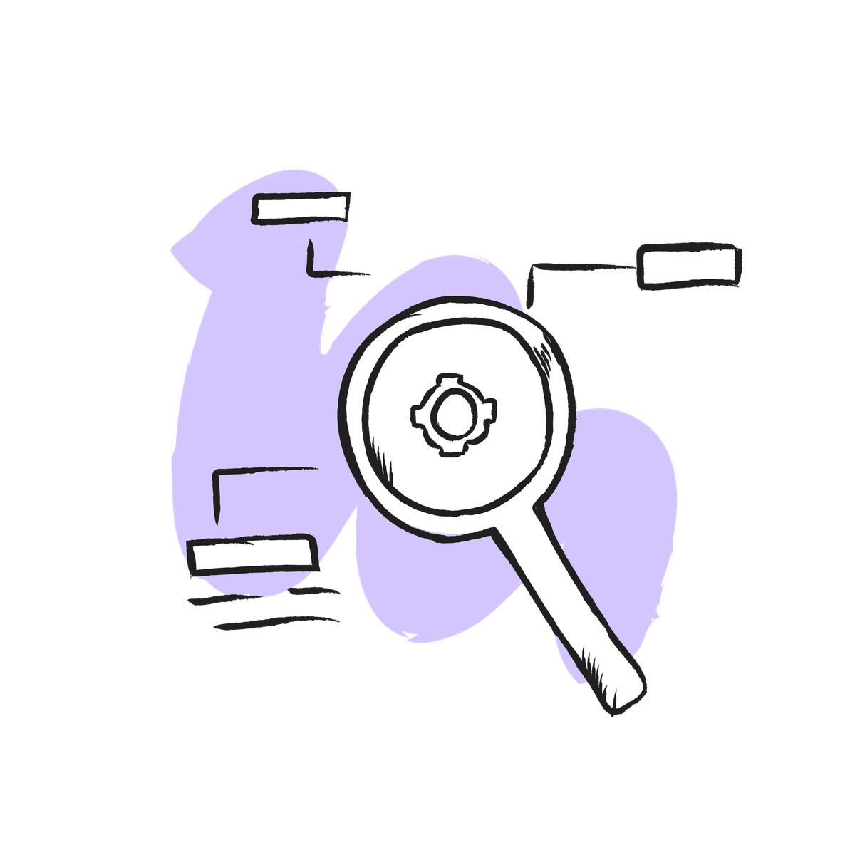 Ilustración Magnifying glass over settings cogwheel, Search engine optimization and analytics en estilo Pixeltrue icons a descargar en PNG y SVG