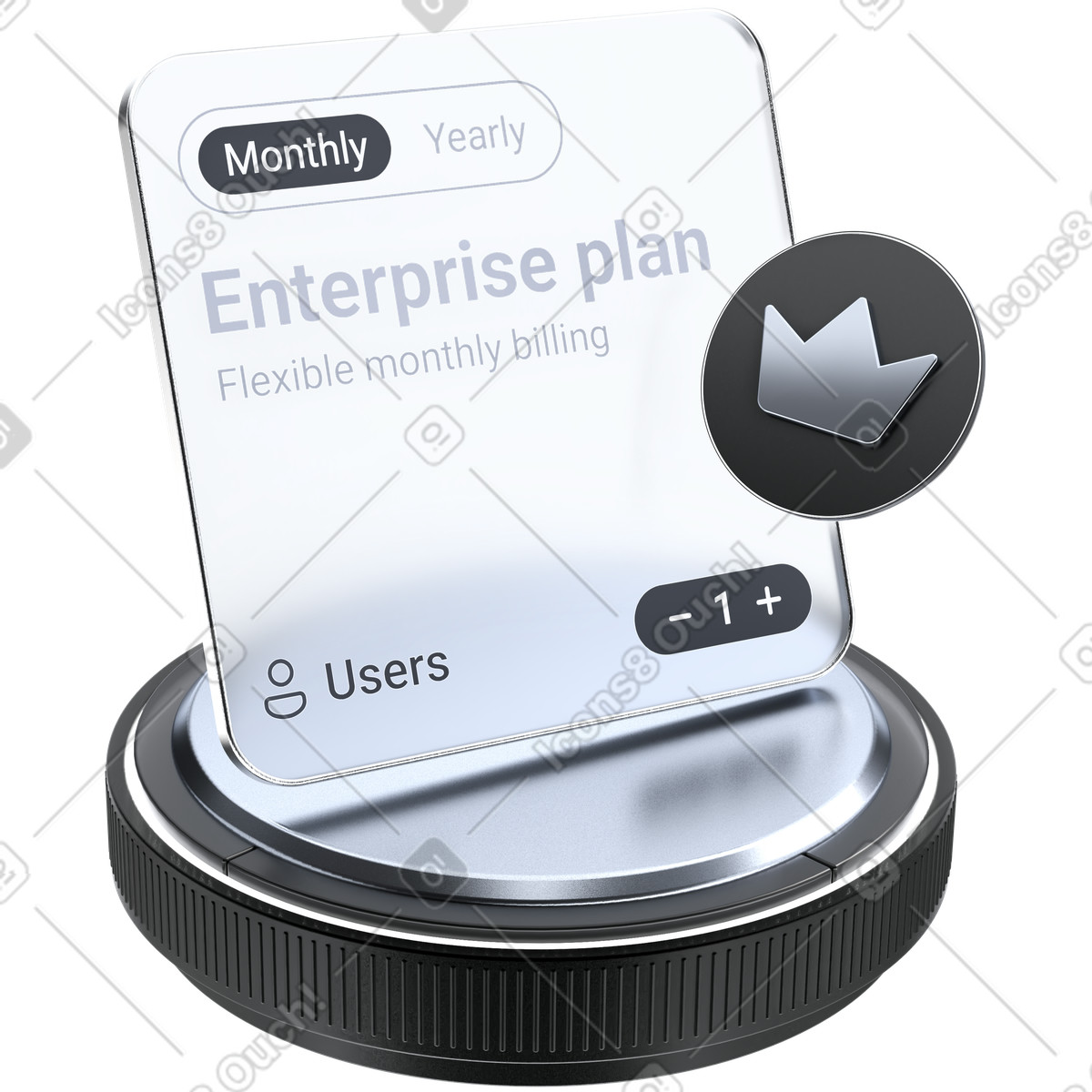 下载 3D Pro 风格的 Pricing enterprise plan card with flexible monthly billing user selection 插画，支持 PNG、SVG 格式