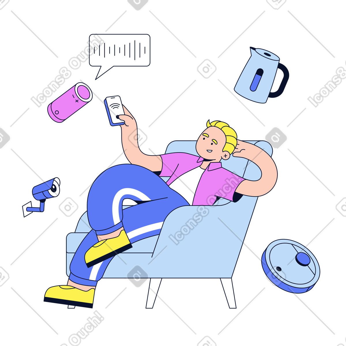 User managing home appliances remotely, Smart convenience illustration in Flexy style download in PNG, SVG