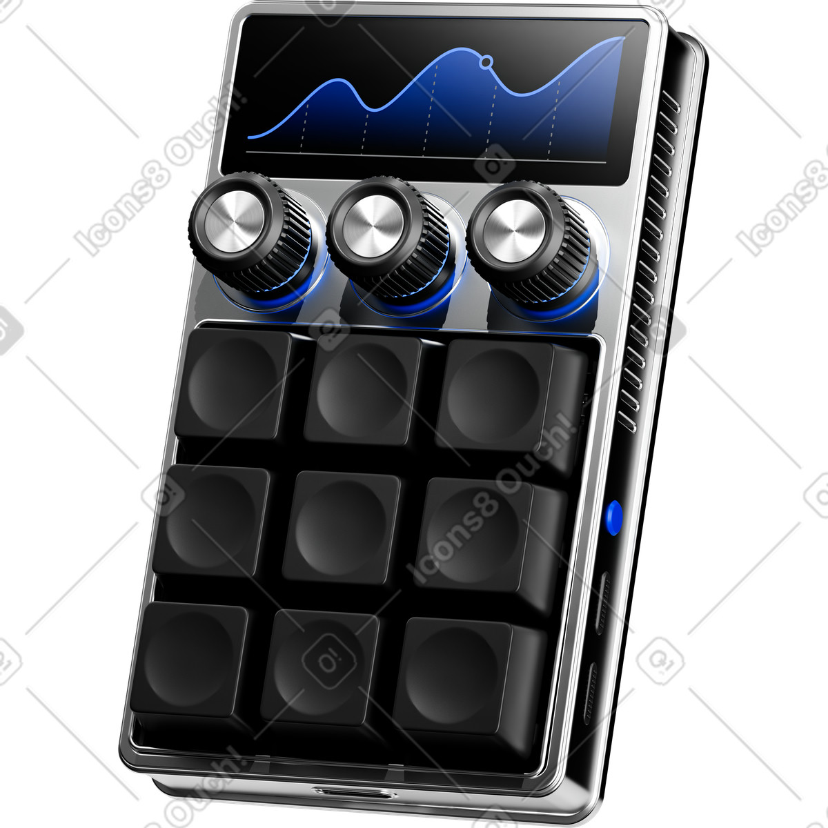 下载 3D Pro 风格的 Controller device with knobs displaying blue analytics line chart interface 插画，支持 PNG、SVG 格式