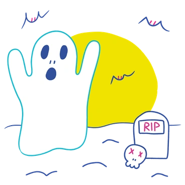A friendly ghost with a tombstone and sun - Lime style illustration