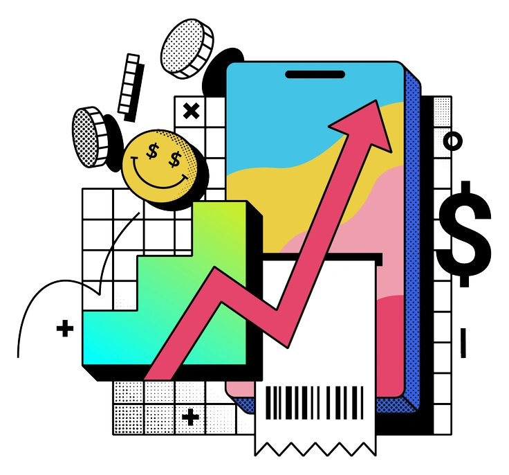 Colorful abstract shapes with coding elements - Memphis style illustration