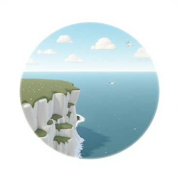 A high cliff with jagged rock formations, covered in patches of green grass and small wildflowers. Below, a vast, calm ocean stretches to the horizon, with gentle waves lapping against the rocky shore. The sky is clear with a few fluffy white clouds scattered across it. The sunlight reflects off the water, creating shimmering patterns. A seagull flies in the distance, adding to the serene atmosphere of the scene.