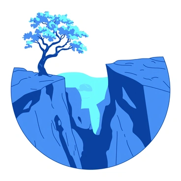 A blue dramatic cliffside rises sharply, overlooking a deep chasm that stretches into the distance. A solitary tree with twisted branches emerges from a crack in the cliff, its leaves fluttering gently in the wind. The chasm below reveals a terrain of rugged rock faces and shadows, contrasting with the vibrant blue of the sky above. The scene is filled with a sense of isolation and resilience, as the lone tree stands steadfast against the elements.