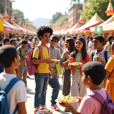 A student with light brown skin and short curly hair, wearing a colorful backpack and casual clothing, is actively engaging with a group of locals at a vibrant festival. The scene is bustling with people, including individuals dressed in traditional attire, celebrating with cheerful expressions. Colorful decorations and banners are visible in the background, while food stalls offer a variety of local dishes. The student is holding a plate of food, smiling and asking questions, fully immersed in the cultural experience provided by their stipend.