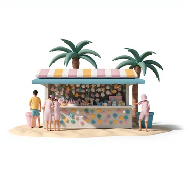 A beachside market stall, made of weathered wood, showcasing an abundant display of various seashells. The stall is filled with colorful shells of different shapes and sizes, alongside vibrant marine trinkets like starfish and miniature boats. The setting shows a few beachgoers browsing the goods, while the bright sun casts soft shadows on the sandy ground. Behind the stall, palm trees sway gently in the ocean breeze, completing the lively scene of a bustling market.