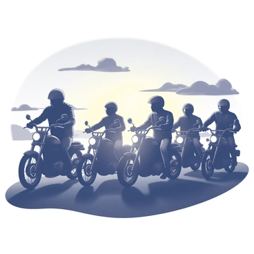 Silhouettes of several motorcyclists in varying poses are prominently displayed. Each rider is atop their motorcycle, with distinct features such as helmets and leather jackets visible in profile. The backdrop showcases a dramatic sunset sky filled with cloud formations. The horizon is illuminated with contrasting shades, creating a striking visual effect against the dark shapes of the motorcyclists and their bikes.