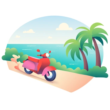 A moped zipping along a coastal trail on a tropical island with turquoise waters