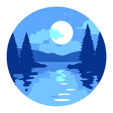 A blue night landscape features a large, glowing full moon reflecting on the surface of a tranquil lake. Surrounding the lake are tall, dark silhouettes of pine trees, creating a serene atmosphere. Wispy clouds drift across the sky, partially obscuring the moonlight. The water is still, mirroring the moon and the starry sky above, while small ripples disturb the reflection near the shore.