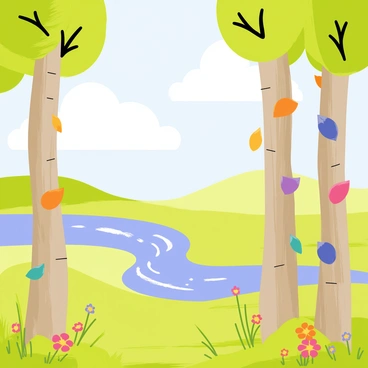 A fantasy landscape featuring tall, slender tree trunks with vibrant green leaves. Each tree trunk is uniquely wrapped around by colorful fish tails, showcasing shades of orange, blue, and purple. The ground is covered in soft, lush grass dotted with bright wildflowers. In the background, a gentle, sparkling river winds through the scene, with sunlight reflecting off its surface. Fluffy white clouds drift lazily across a clear blue sky, adding to the enchanting atmosphere.