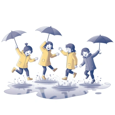 A group of children joyfully splashing in puddles during a rainy day. Each child is wearing a brightly colored raincoat, with some holding umbrellas above their heads. The children are jumping and kicking in the puddles, sending water droplets into the air. Their expressions show excitement and delight as they play together. The ground is wet, and several large puddles are visible, reflecting the surrounding scenery.