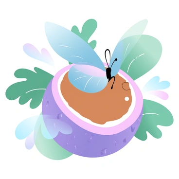 A butterfly with vibrant, multicolored wings is resting on a passion fruit. The passion fruit is round and has a textured, purple outer skin. A small droplet of nectar is visible at the edge of the flower's opening, glistening in the light. The setting includes lush green leaves in the background, creating a natural and inviting atmosphere. The overall composition conveys a moment of tranquility in nature.