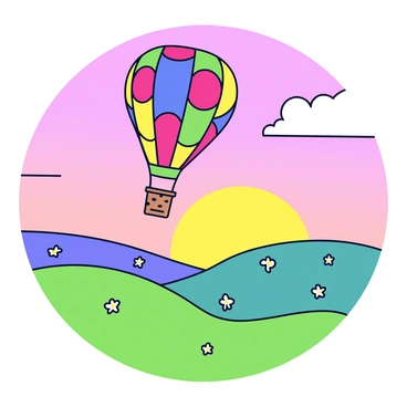 A colorful hot air balloon with a patchwork design of red, blue, yellow, and green panels is floating high in the sky. The balloon's wicker basket is visible, swaying gently in the breeze. Below, a picturesque landscape unfolds with rolling hills covered in vibrant green grass and scattered wildflowers. At sunrise, the sky is a gradient of soft pink and orange hues, casting a warm glow over the scene. A few fluffy white clouds are drifting lazily in the background.