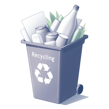 A recycling bin with a rectangular shape, clearly labeled with the word "Recycling" on its front. The bin is brimming with various items, including neatly sorted paper materials, plastic bottles, and aluminum cans. The items are visibly stacked over the rim of the bin, demonstrating an organized arrangement. The bin is placed on a flat surface, and the background features a subtle hint of greenery, enhancing the recycling theme.