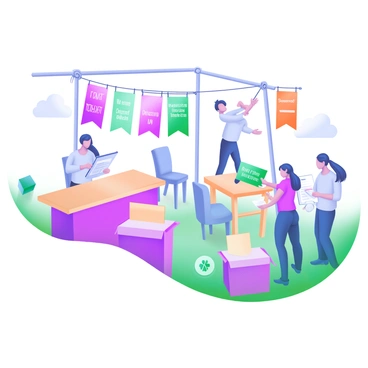 A scene depicting organizers setting up a charity event in a bright, open space. There are several "banners" hanging in various colors, featuring messages of support and encouragement. "Donation boxes" are placed strategically around the area, each with a clear slot for contributions. The organizers are busy arranging tables and chairs, ensuring everything is orderly. Some organizers are seen discussing plans together, while others are checking supplies on a clipboard. The atmosphere is lively and prepared for a community gathering.