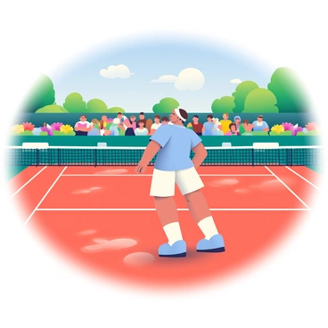 Roger Federer playing on the clay courts of Roland Garros, surrounded by beautiful scenery.