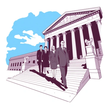 A group of dignified individuals is ascending the grand stone steps of a majestic Supreme Court building. The building features large, imposing columns and a beautifully detailed façade. The individuals are dressed in formal attire, with some wearing dark suits and others in elegant dresses. The sunlight casts soft shadows on the steps, highlighting the serious expressions on their faces. In the background, there is a clear blue sky that contrasts with the architecture of the building.