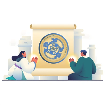 An ancient scroll is unrolled and displayed in the center of the image. The scroll is made of aged parchment, featuring intricate mystical symbols and detailed illustrations. The symbols are rendered in a deep blue and gold color, with swirling patterns that create a sense of depth. Surrounding the scroll are two figures engaged in dual cultivation practices; one figure is depicted on the left, a woman with flowing black hair clad in a flowing white robe, and the other on the right, a man with short, dark hair wearing a deep green tunic. They are positioned facing each other with their hands raised, creating a glowing energy connection between them. The background features subtle hints of ancient ruins with fading stone textures, all bathed in soft, warm light.