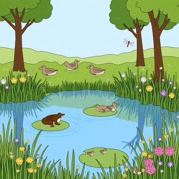 A vibrant wetland with diverse plant and animal life interacting with water