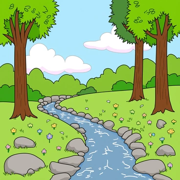 An outdoor scene featuring a variety of nature elements. There are tall trees with thick trunks and bright green leaves, each leaf meticulously colored with vibrant illustration markers. A clear blue sky stretches above, with fluffy white clouds highlighted in soft pastels. The ground is covered in a lush carpet of grass, with small flowers in shades of pink, yellow, and purple, all vividly shaded with alcohol markers. In the foreground, a winding path leads through the scene, bordered by rocks that have been detailed with various earthy tones. A small, sparkling stream flows gently, reflecting the colors from the surrounding nature.