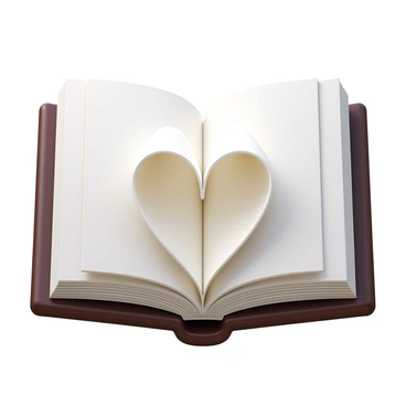 An open book with pages forming the shape of a human heart. The book has a dark brown leather cover with intricate embossing. The pages are white, and they are arranged in a way that they create a three-dimensional heart outline in the center. The heart shape is fully formed, with the pages slightly curved at the edges to enhance the heart's shape. The background is a soft neutral color that contrasts with the dark cover of the book.