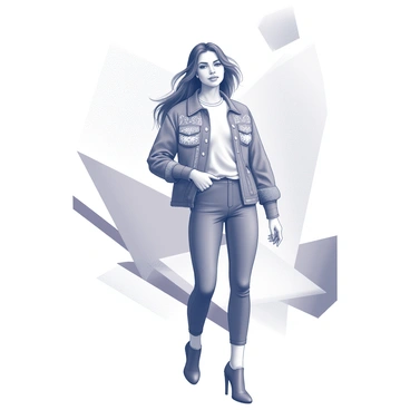 A large poster displays a fashionable girl striking a stylish pose. She stands confidently with one hand on her hip and her head tilted slightly to the side. Her outfit includes a modern jacket with intricate patterns and fitted pants. The girl has long, flowing hair that cascades over her shoulders. In the background, there are abstract geometric shapes and lines that create an engaging atmosphere, complementing her pose. The overall composition balances between the girl and the dynamic background, drawing the viewer's attention to her fashion sense.