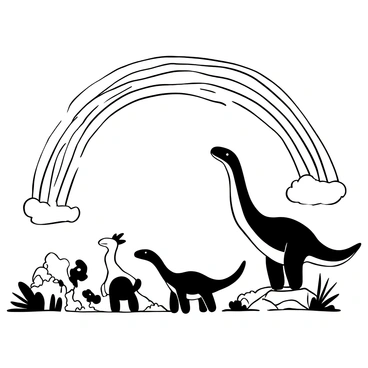 A group of dinosaurs standing on a rocky landscape, with one large dinosaur in the foreground observing. Smaller dinosaurs are positioned around it, all gazing upward. Above them, a large, detailed rainbow arches across the sky, its bands clearly defined. The ground is textured with rocks and sparse vegetation, and the overall scene is filled with a sense of curiosity among the dinosaurs.