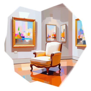 A stylish fauteuil upholstered in rich fabric is positioned prominently within an art gallery space. The chair is elegantly designed with ornate wooden legs and armrests that curve gracefully. Surrounding the fauteuil are several famous paintings framed and displayed on the walls, showcasing a variety of artistic styles and color palettes. The floor is polished wood, complementing the luxurious feel of the scene. Soft lighting illuminates the artworks, enhancing their details and textures.