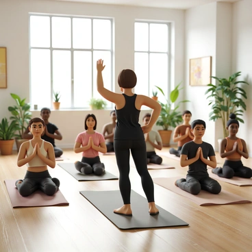 A trainer with short brown hair and a black tank top is demonstrating proper stretching techniques in a bright yoga studio. The studio has large windows allowing natural light to flood in, illuminating the space. The floor is made of polished light wood, and there are yoga mats spread out on the floor. A diverse group of individuals, wearing a variety of colorful workout attire, is attentively following the trainer's instructions. The walls of the studio are adorned with calming, minimalist art, and there are potted plants in the corners, adding a touch of greenery to the environment.