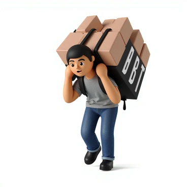 A person with medium skin tone and short black hair is shown wearing a casual outfit consisting of a grey t-shirt and blue jeans. They are struggling to carry a giant backpack on their back, which is labeled "Debt" in bold white letters. The backpack is bulging with numerous heavy bricks, each brick distinctly shaped and textured. The person's facial expression conveys a sense of effort and determination as they hunch forward under the weight of the burden. Their arms are slightly bent, and they are taking a step forward, showing the strain of carrying the heavy load.
