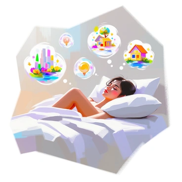 A person with medium skin lying in a cozy bed, surrounded by soft blankets and pillows. Their eyes are closed, and a serene expression is on their face, indicating they are in a deep sleep. Above their head, several dream bubbles appear, each filled with colorful sketched ideas. One bubble contains a drawing of a city skyline, another features a whimsical treehouse, and a third displays a flowing river with vibrant flowers along its banks. The dream bubbles float gently above, creating a magical atmosphere around the sleeping figure.