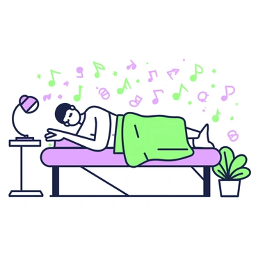 An athlete is lying on a massage table, appearing relaxed and peaceful. The athlete has a towel draped over their body, and their eyes are closed, suggesting a state of tranquility. Surrounding the massage table, there are musical notes illustrated in a flowing manner, symbolizing soothing music. A small lamp with a soft glow is placed on a nearby table, and a potted plant is positioned in the corner of the room, contributing to a calming atmosphere.
